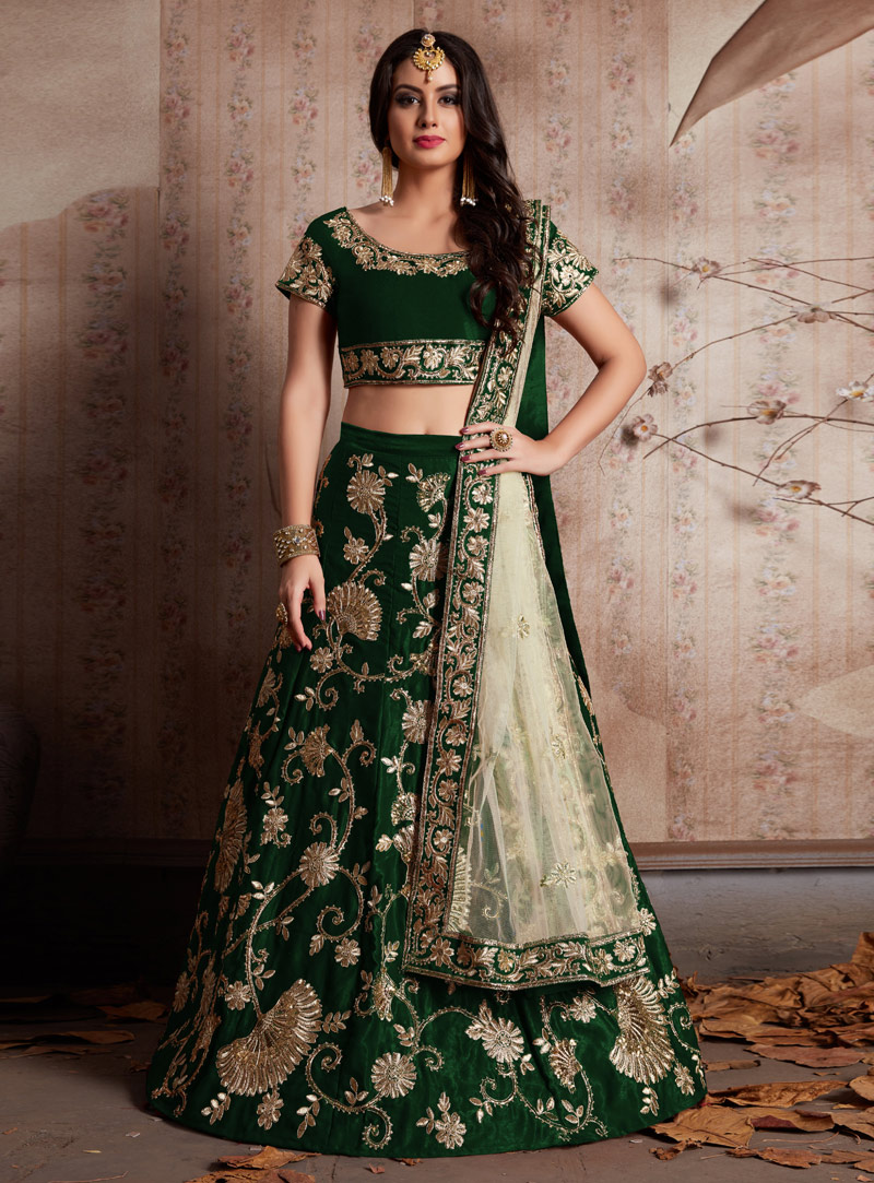 Green Velvet Silk Bridal Lehenga Choli 137063