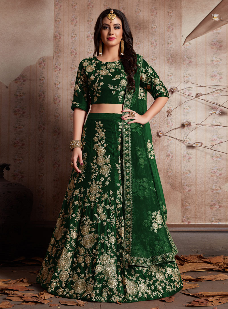 Green Velvet Silk Bridal Lehenga Choli 137065