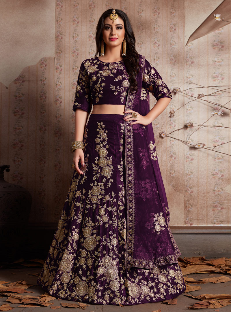 Purple Velvet Silk Bridal Lehenga Choli 137066