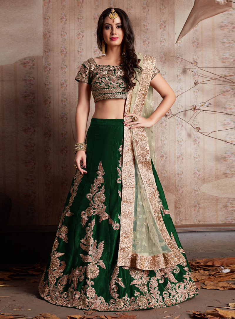 Green Velvet Silk Bridal Lehenga Choli 137069