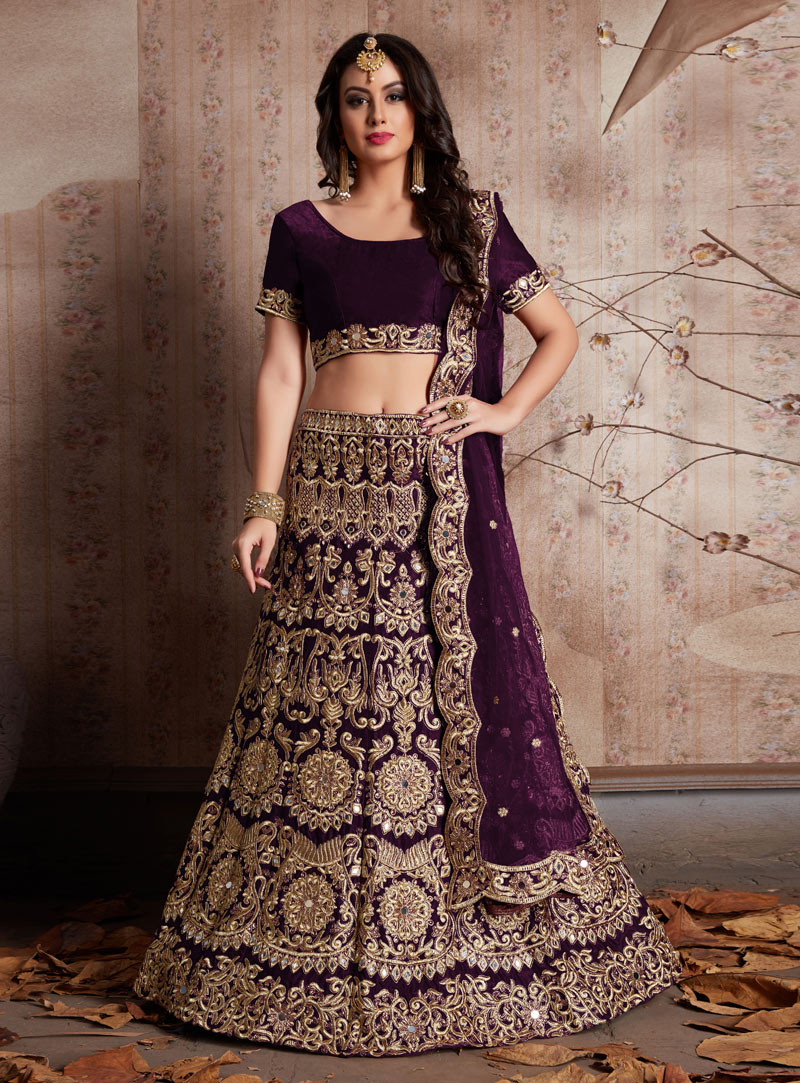 Purple Velvet Silk Bridal Lehenga Choli 137071