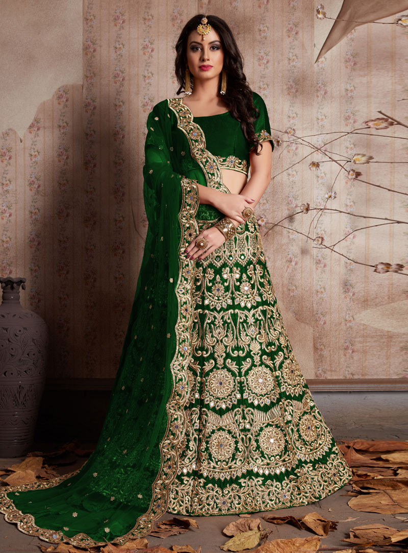 Green Velvet Silk Bridal Lehenga Choli 137072