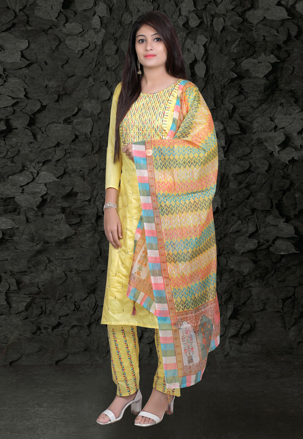 Yellow Chanderi Silk Readymade Pant Style Suit 246132