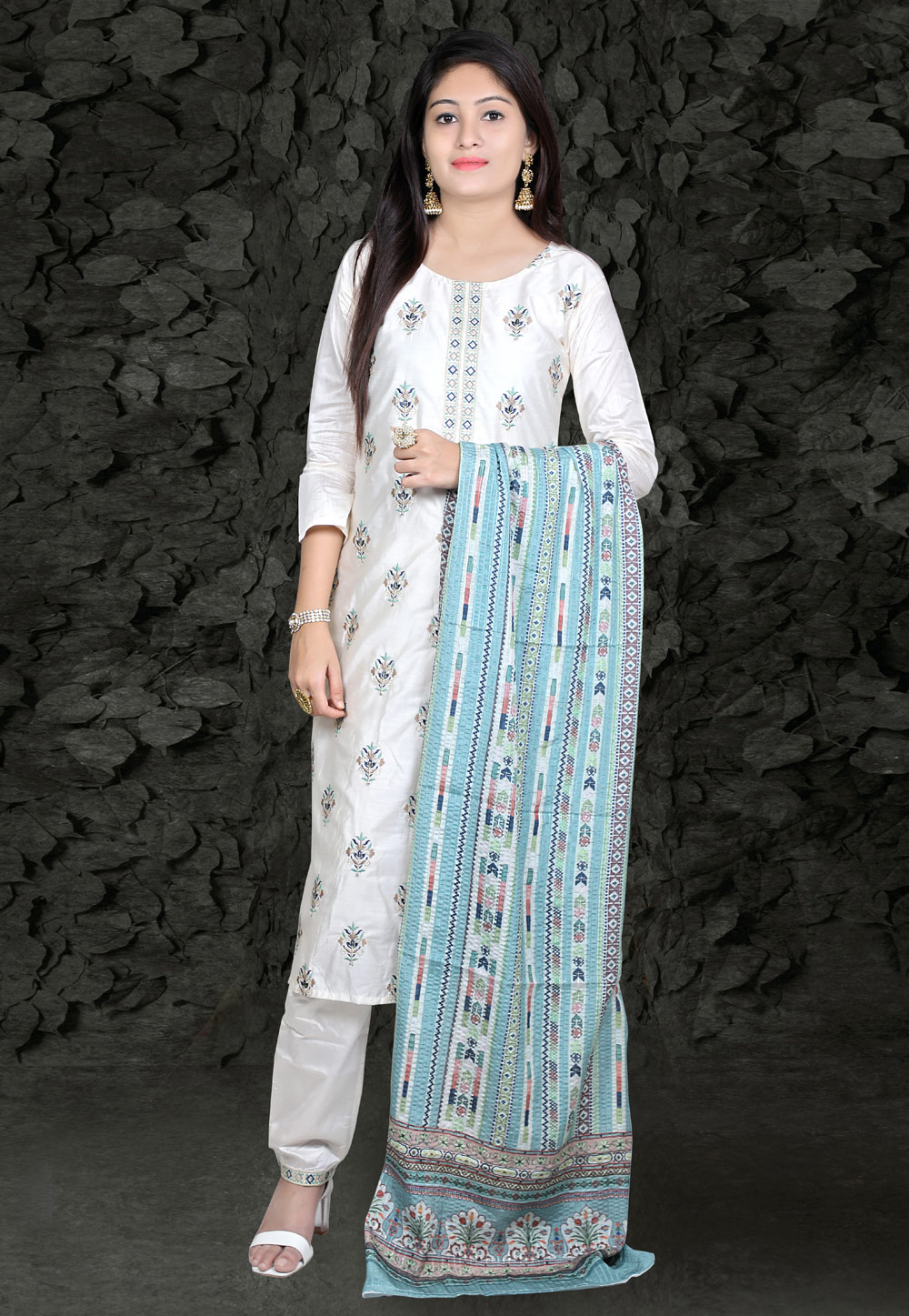 Off White Chanderi Silk Readymade Kameez With Pant 246137