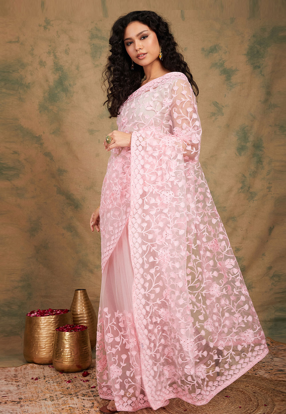 Light Pink Net Saree With Blouse 277641