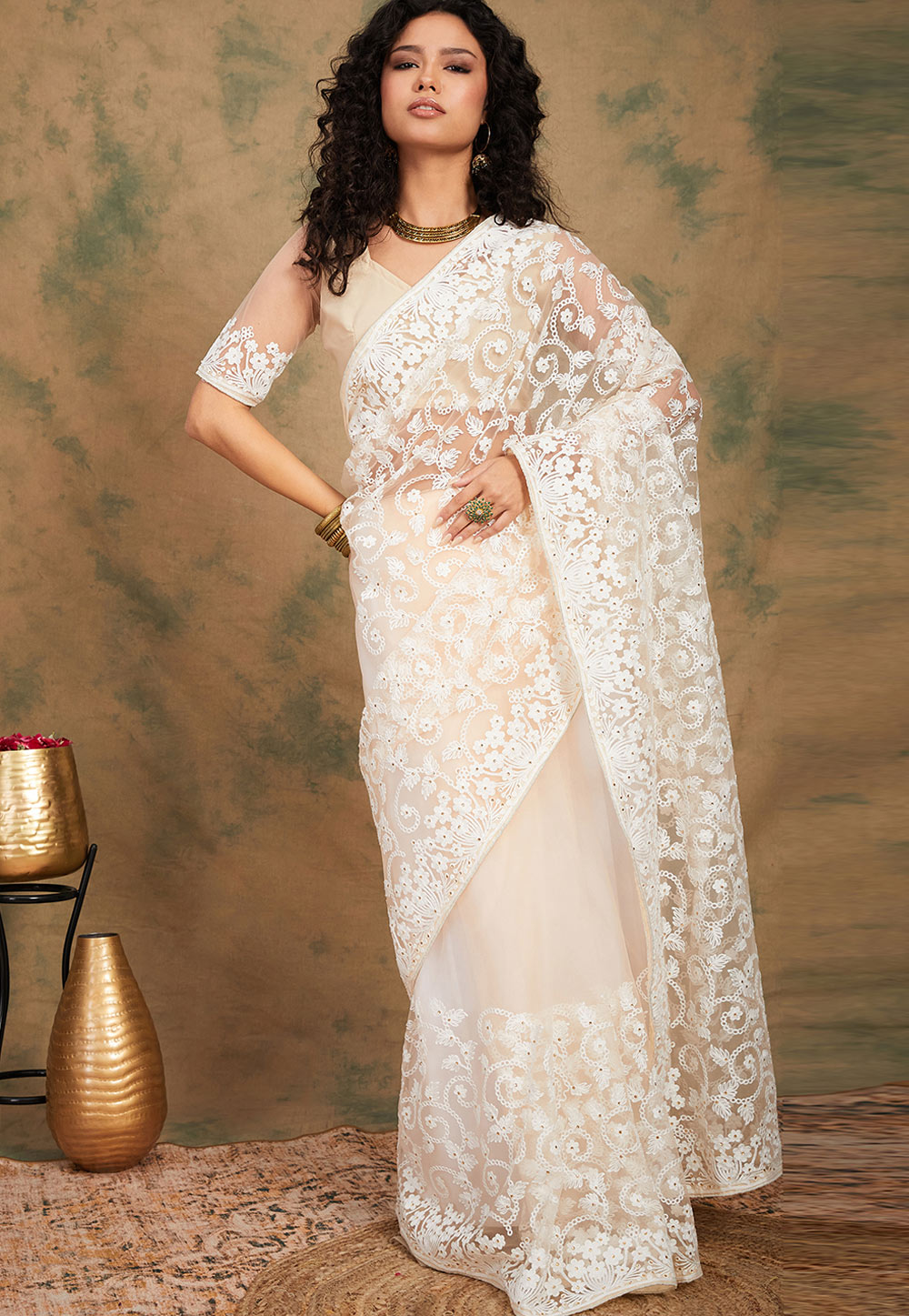 Off White Net Saree With Blouse 277643