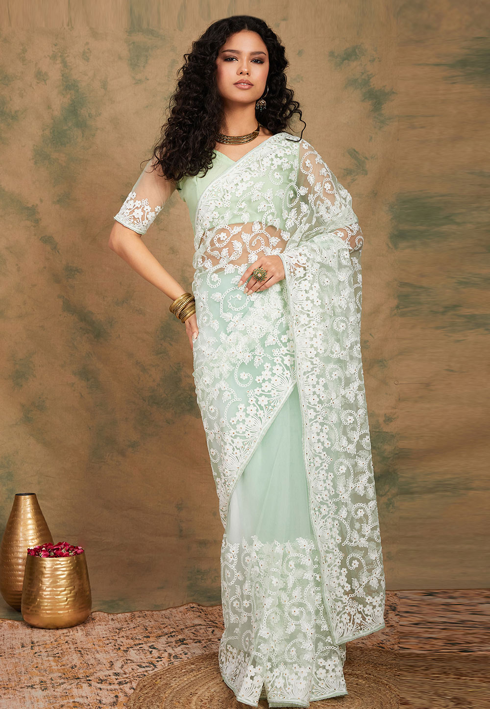 Sea Green Net Saree With Blouse 277647