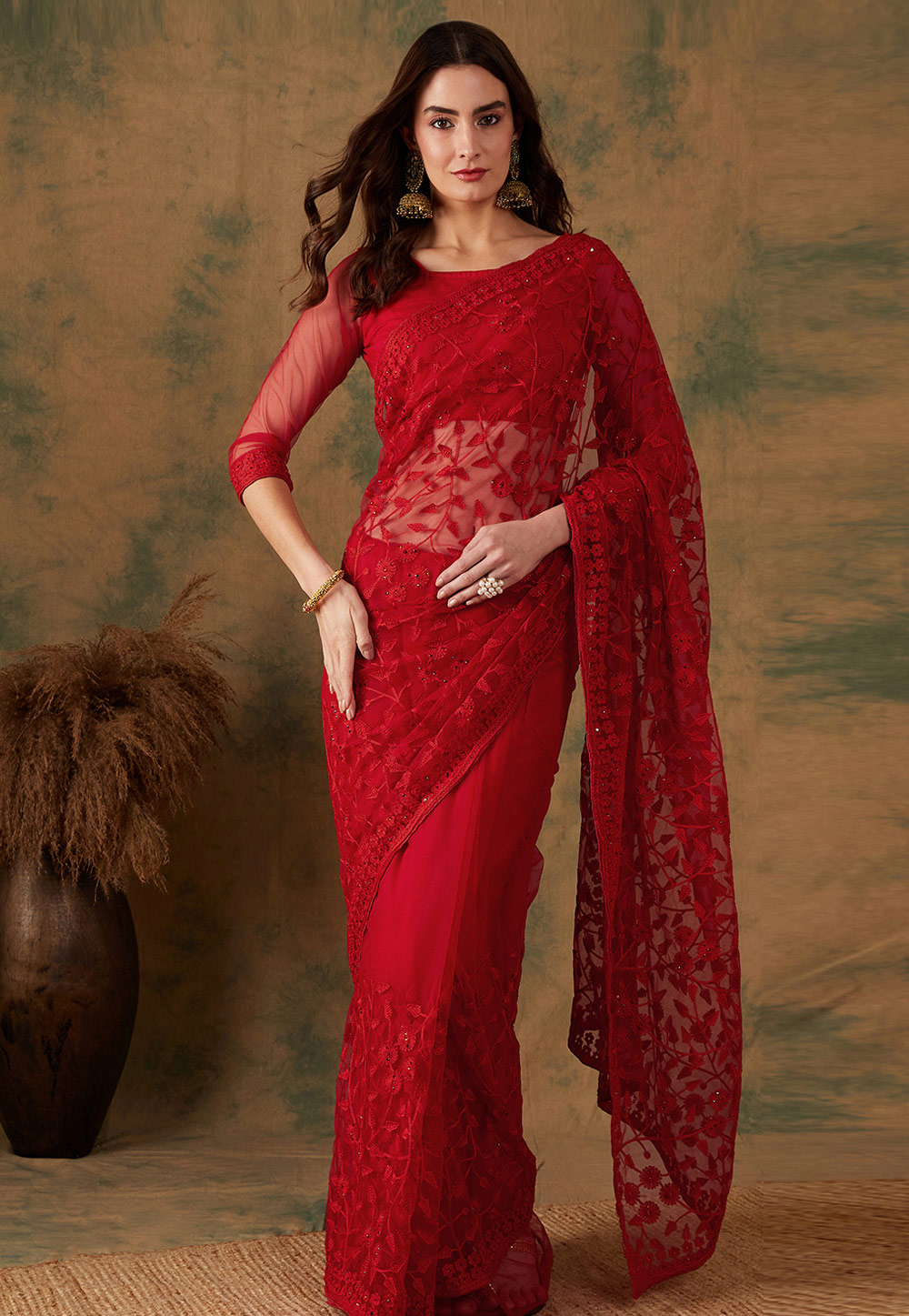 Red Net Saree With Blouse 270813