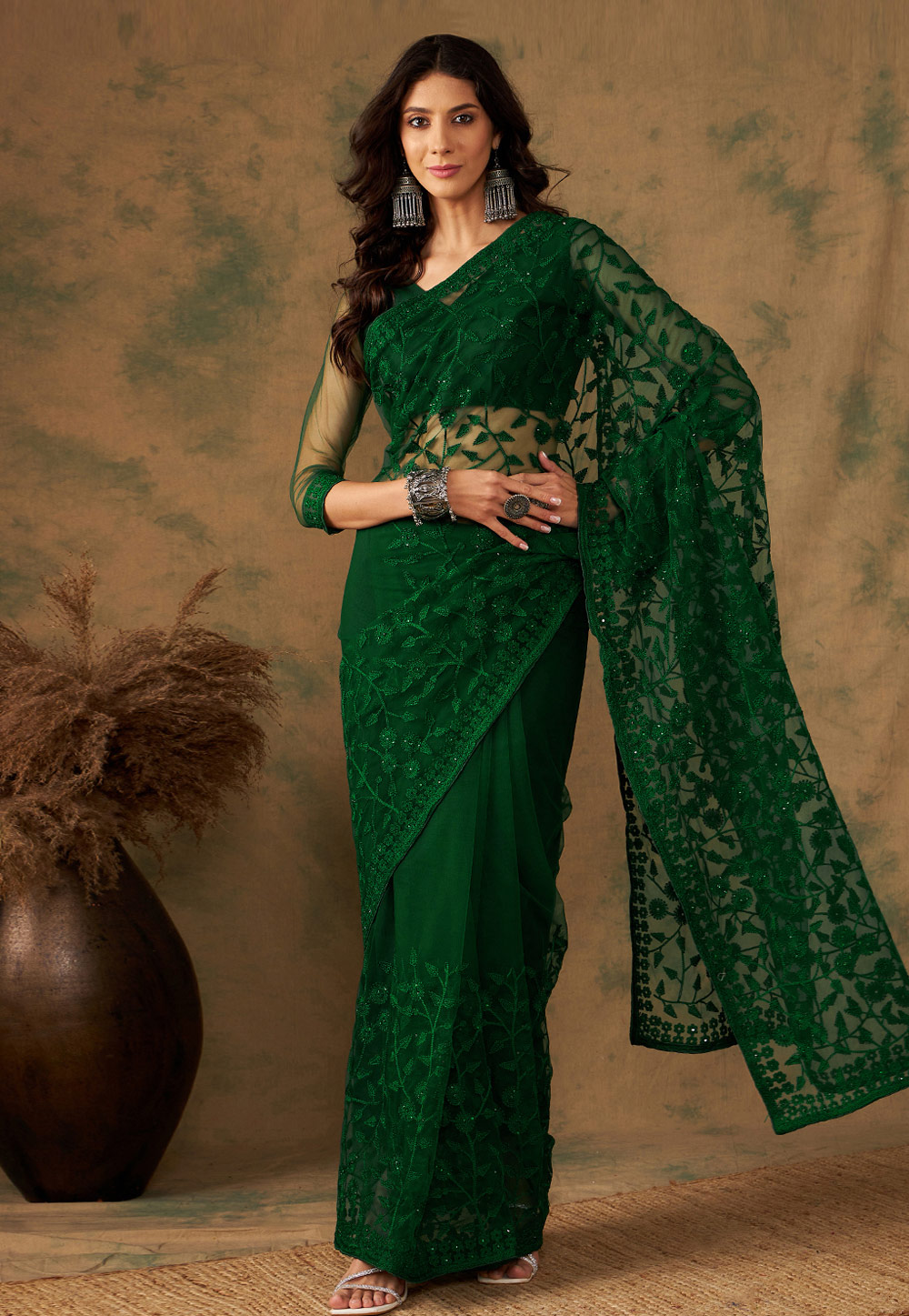 Green Net Saree With Blouse 270815