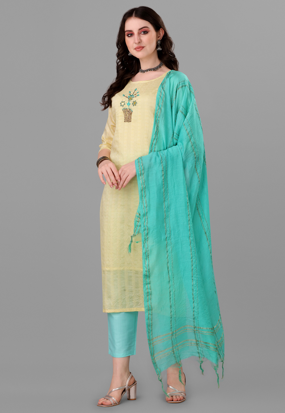 Light Yellow Cotton Readymade Pant Style Suit 258419