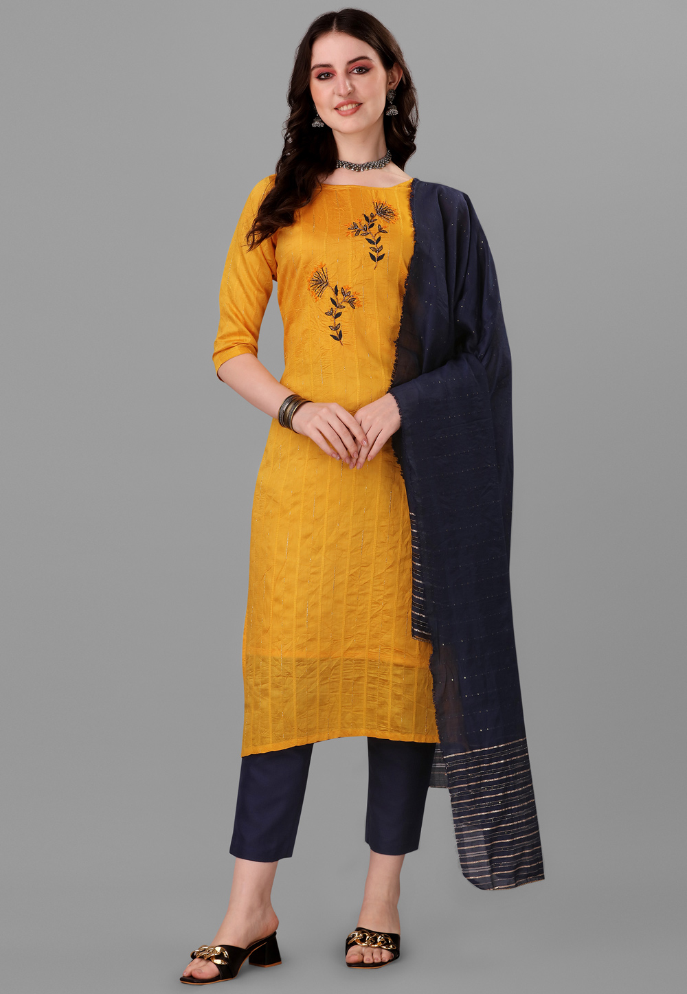 Mustard Cotton Readymade Pant Style Suit 258422