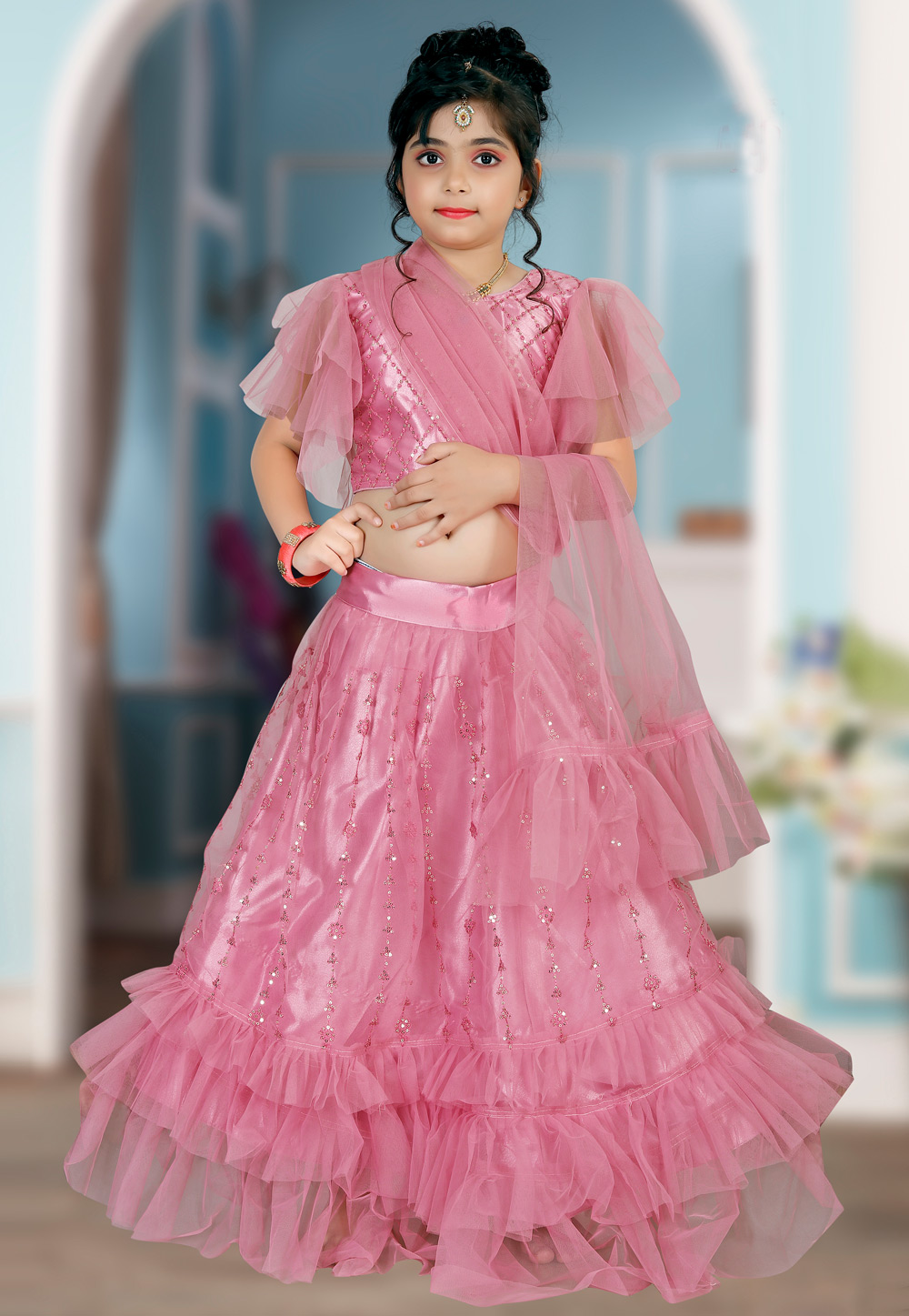 Pink Net Readymade Kids Designer Lehenga Choli 231981