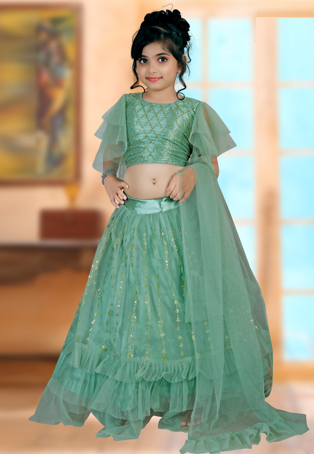 Green Net Readymade Kids Designer Lehenga Choli 231982