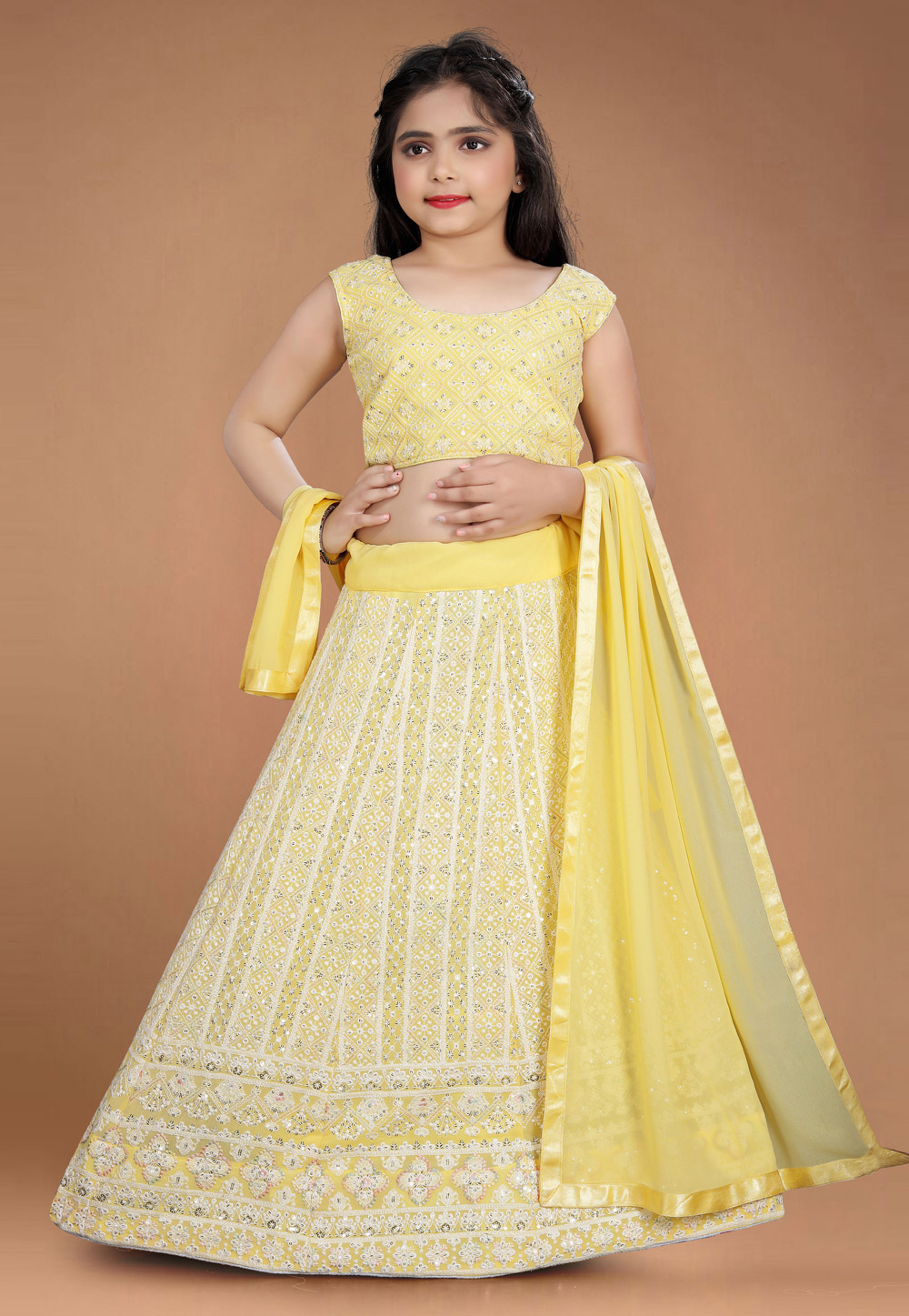 Yellow Faux Georgette Kids Lehenga Choli 268797