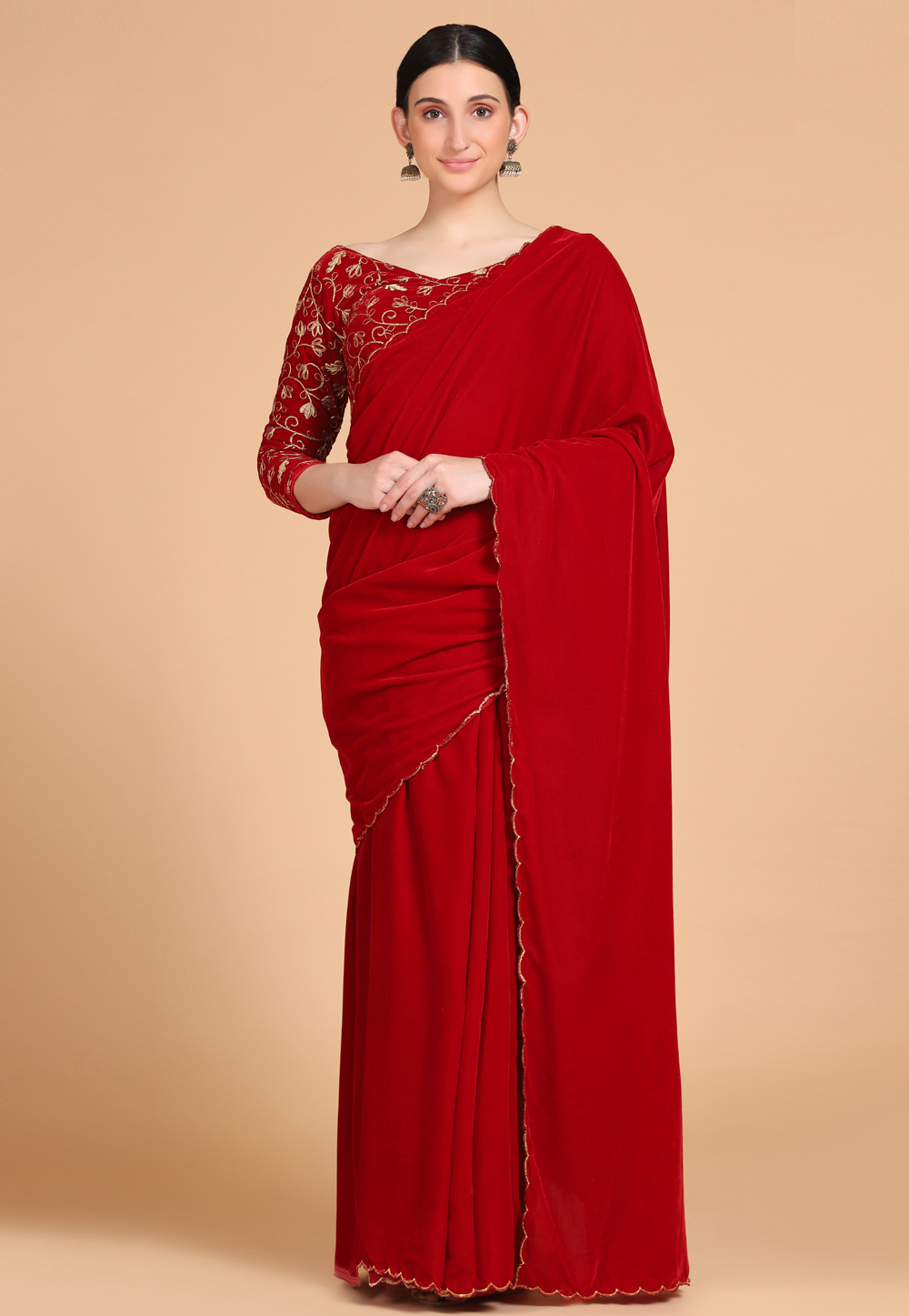 Red Velvet Saree With Blouse 246310