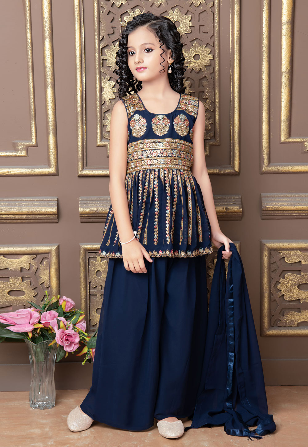 Navy Blue Faux Georgette Readymade Kids Sharara Suit 248874