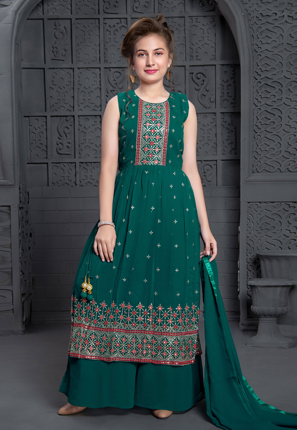 Green Georgette Kids Palazzo Suit 256322
