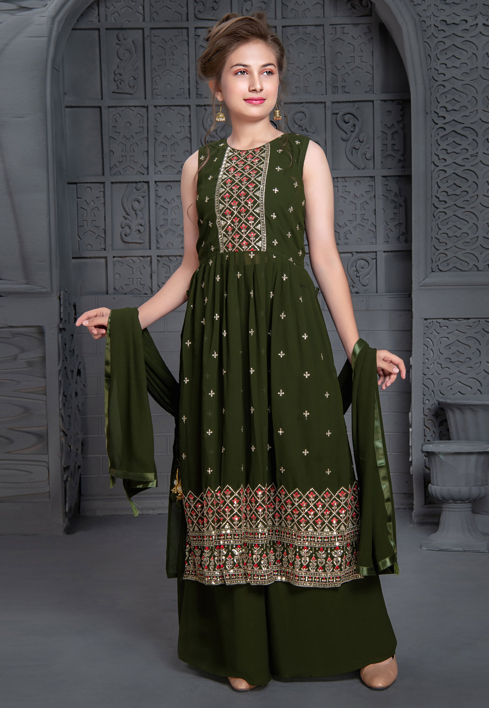 Mehndi Georgette Kids Palazzo Suit 256325