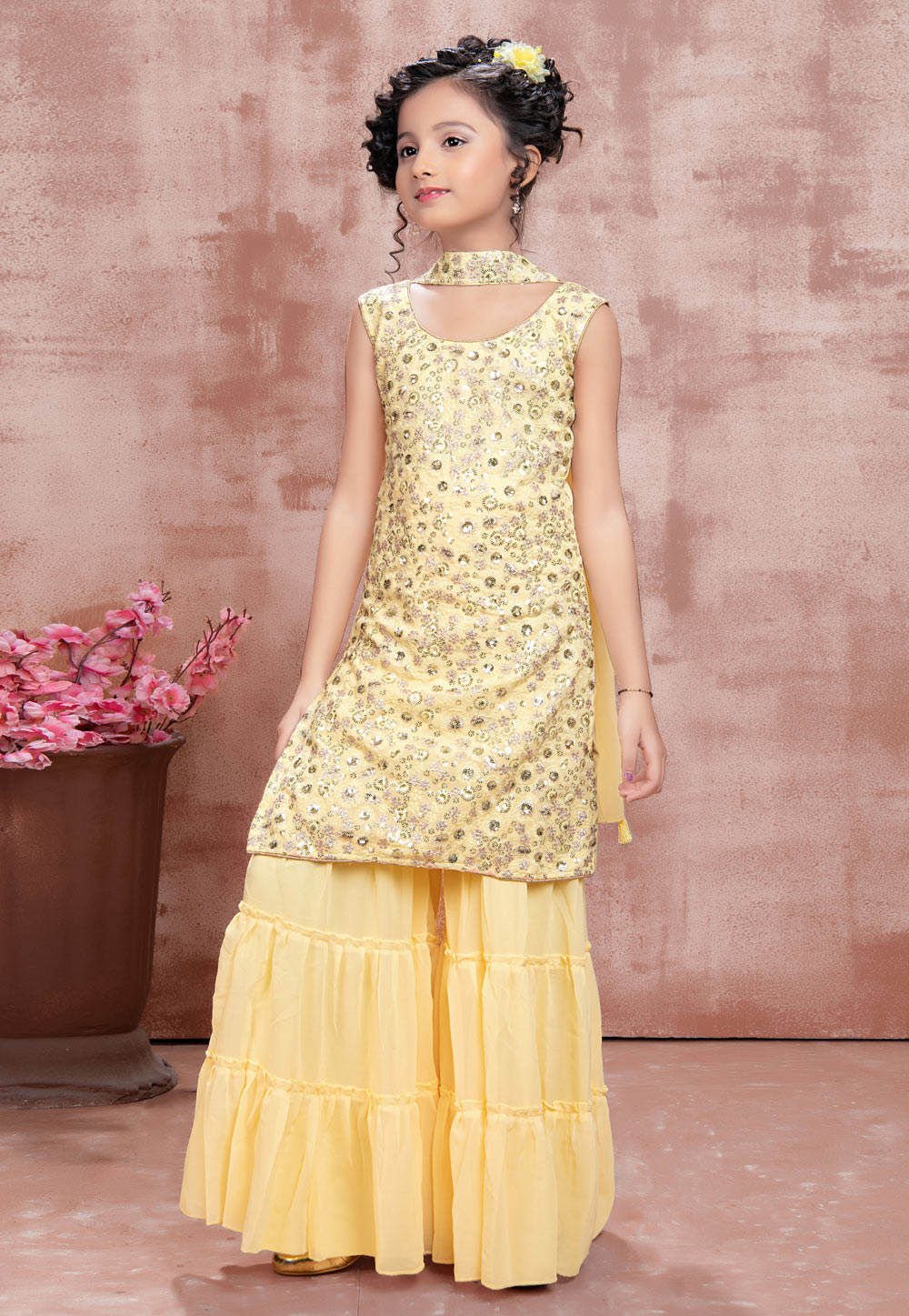 Yellow Faux Georgette Kids Sharara Suit 256683