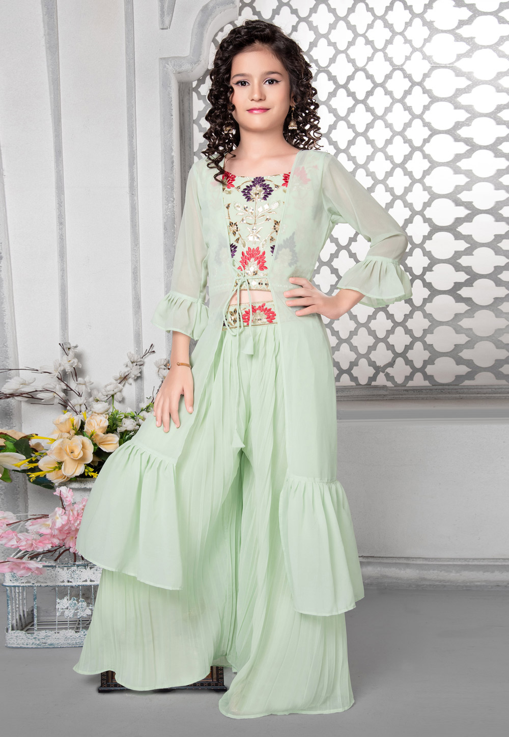 Pista Green Faux Georgette Readymade Kids Palazzo Suit 264221
