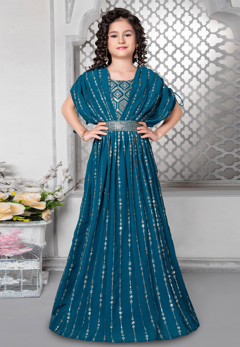 Teal Faux Georgette Readymade Kids Gown 264222