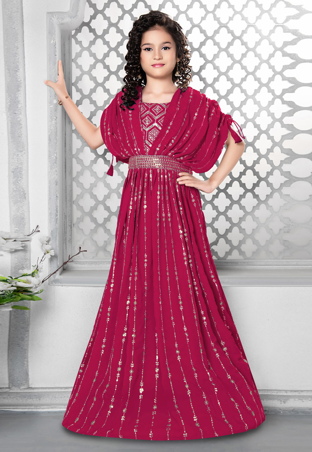 Magenta Faux Georgette Readymade Kids Gown 264223