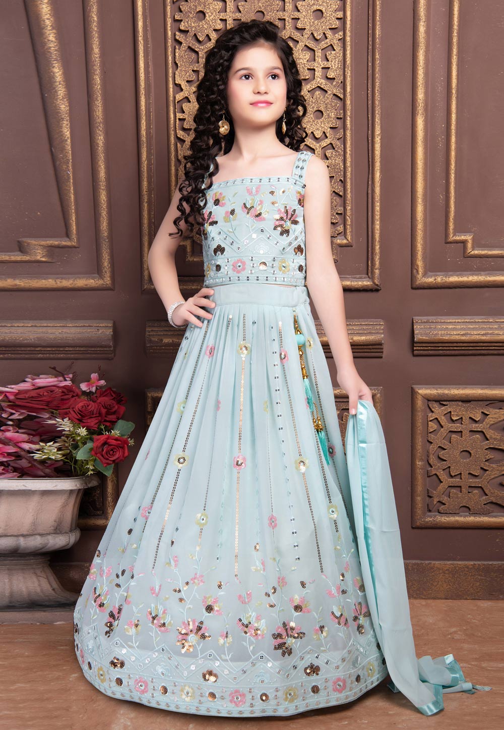 Sky Blue Georgette Kids Lehenga Choli 271008