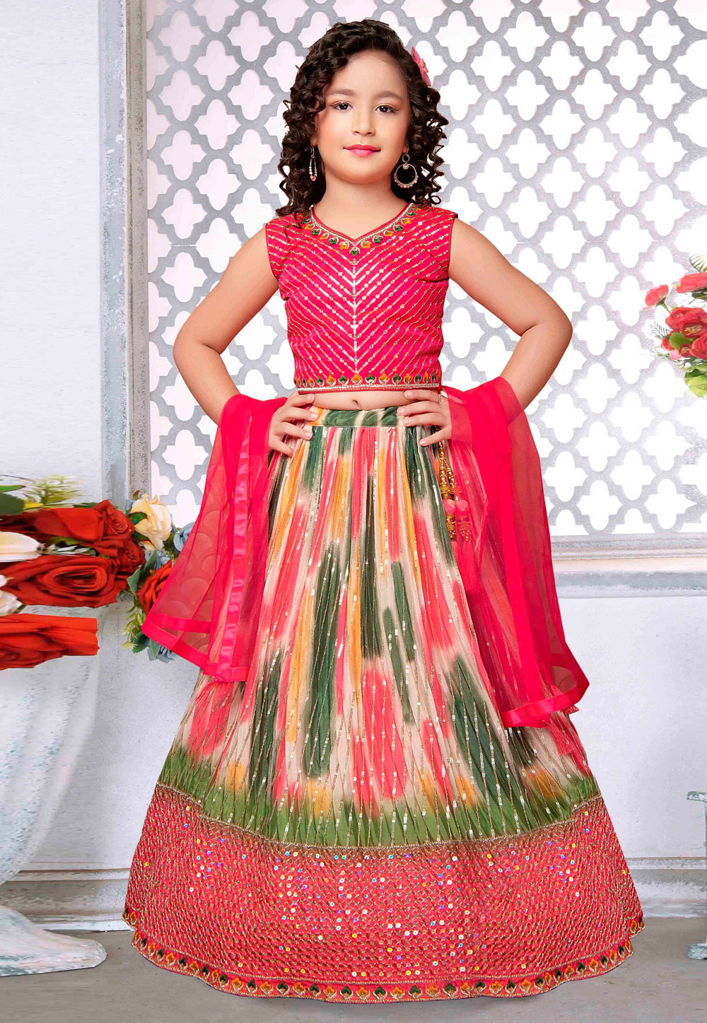Buy Baby Pink Sequins Floral Work Net Wedding Lehenga Choli Online