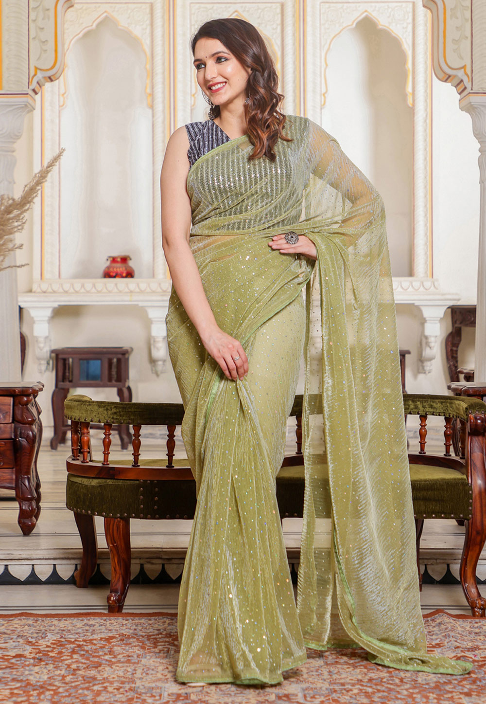 Light Green Net Saree With Blouse 261277