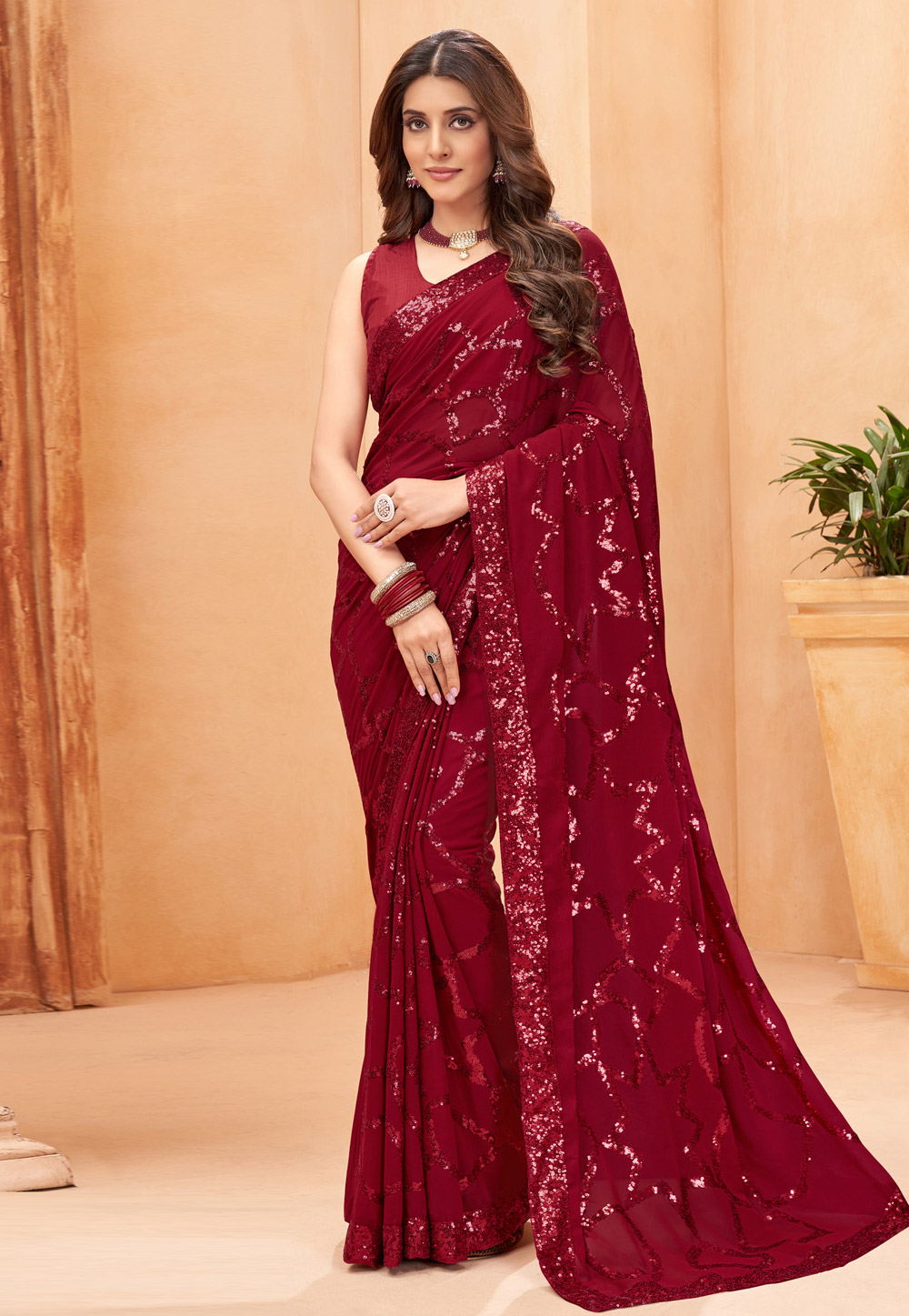 Maroon Faux Georgette Saree With Blouse 265599