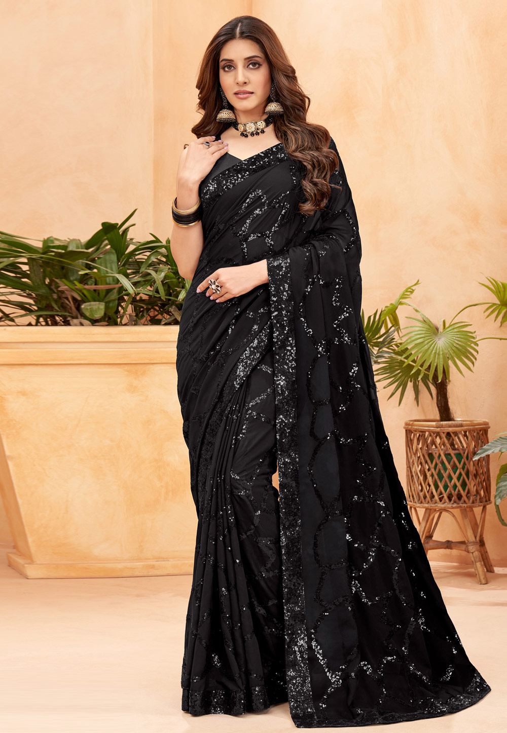 Black Faux Georgette Saree With Blouse 265603