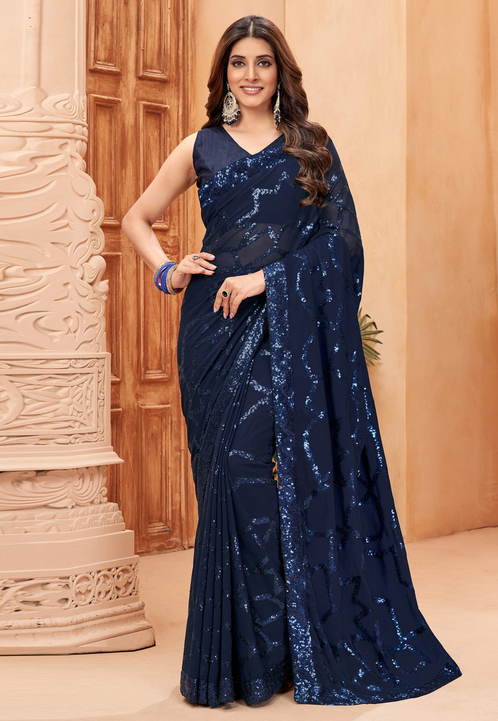Navy Blue Faux Georgette Saree With Blouse 265604
