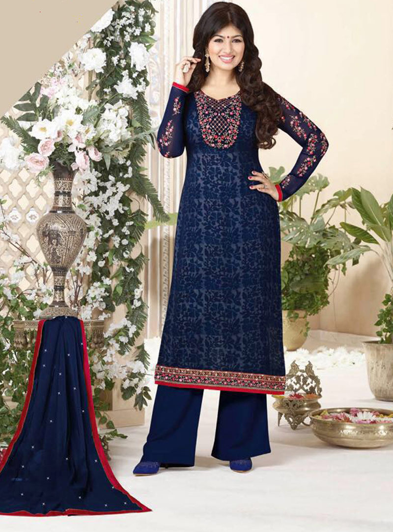 Ayesha Takia Navy Blue Georgette Palazzo Style Suit 89784