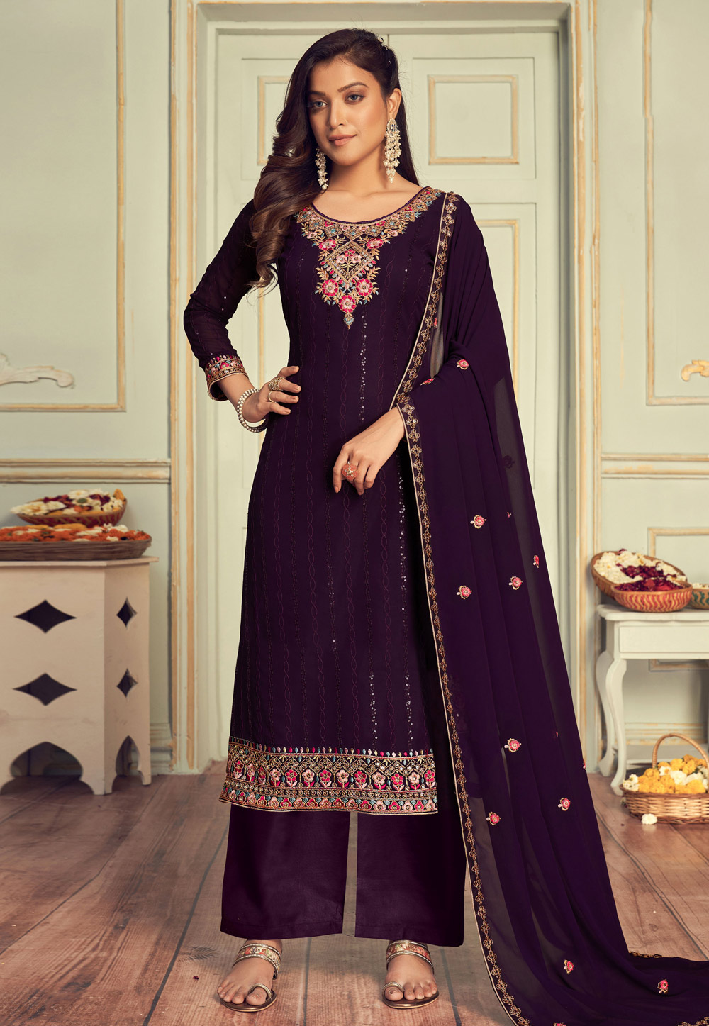 Purple Faux Georgette Palazzo Suit 239496