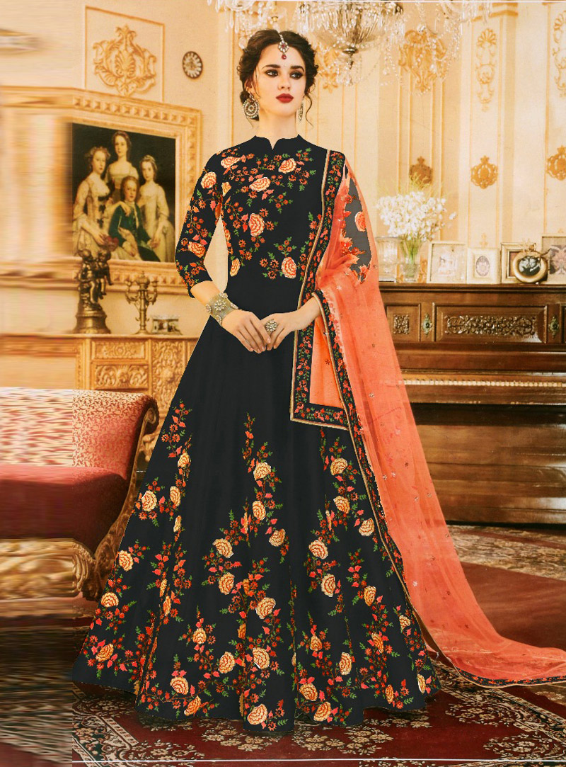 Black Silk Floor Length Anarkali Suit 128208