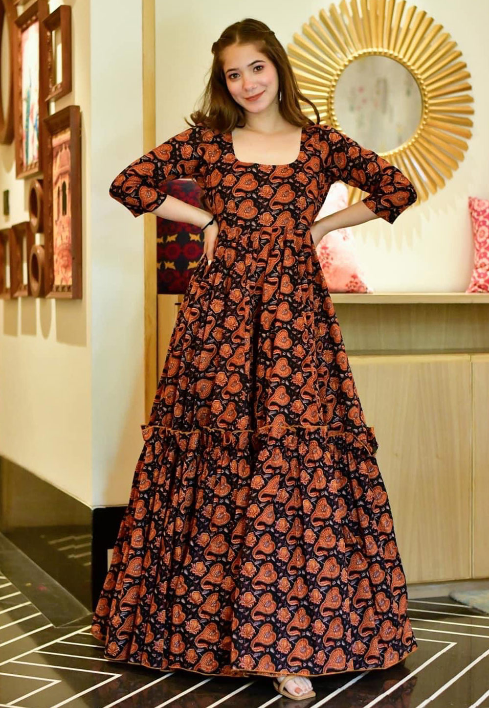 Maroon Cotton Silk Printed Gown 261881