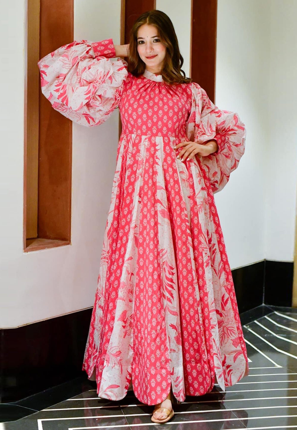 Pink Cotton Silk Printed Gown 261882