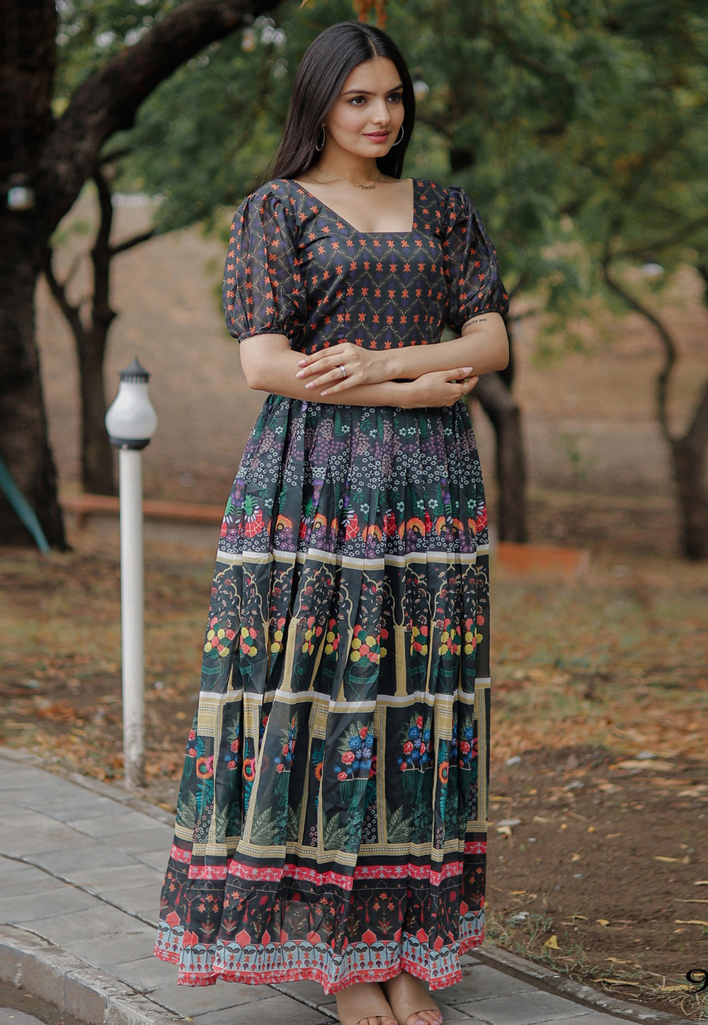 Green Chanderi Silk Readymade Long Anarkali Suit 154629 | Printed gowns,  Designer anarkali dresses, Fashion design dress