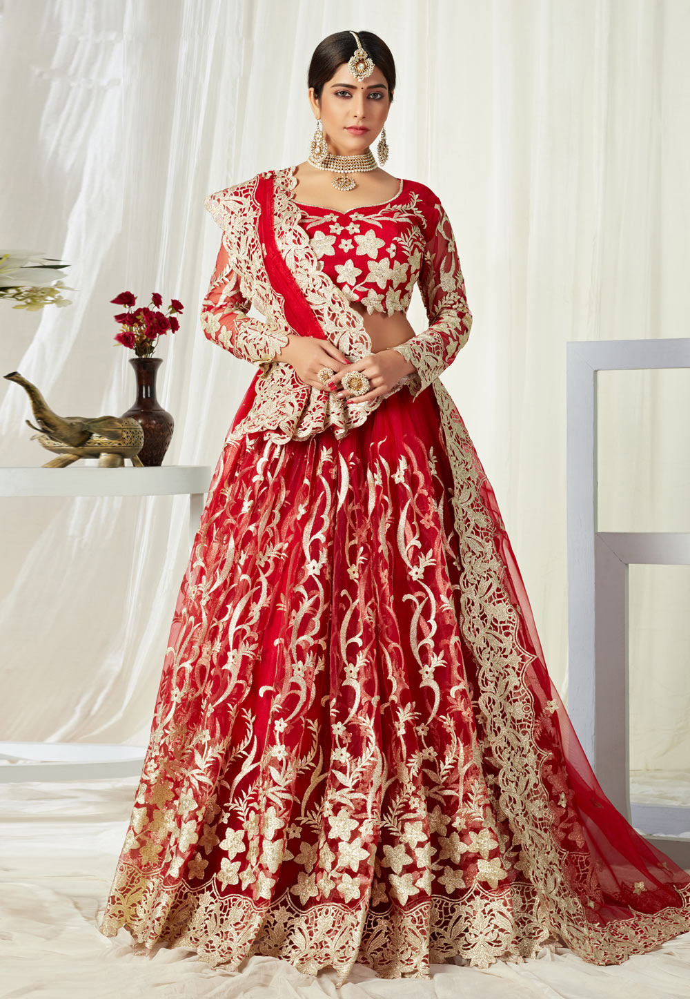 Red Bridesmaid Net Lehenga Choli 219216