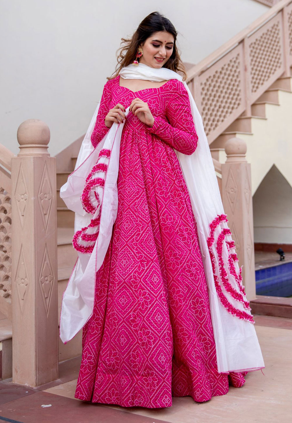 Pink Muslin Bandhani Print Long Anarkali Suit 225062