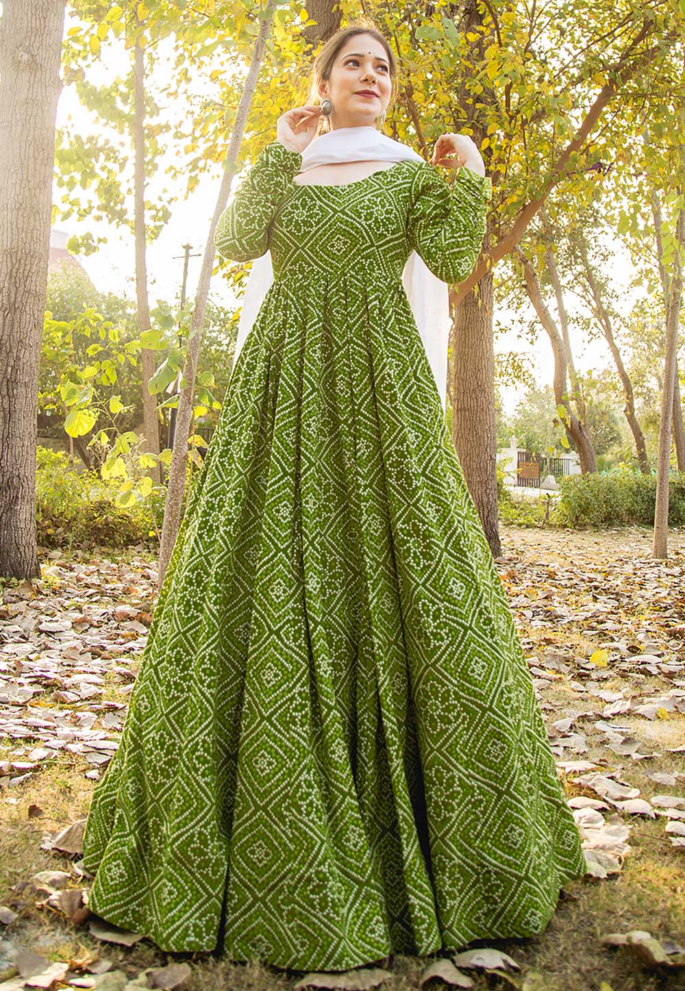 Green Muslin Bandhani Print Long Anarkali Suit 225063