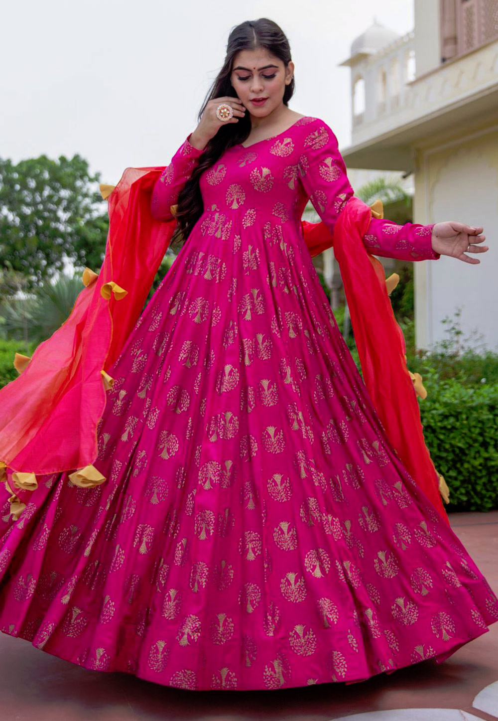 Pink Rayon Printed Flared Anarkali Suit 225065