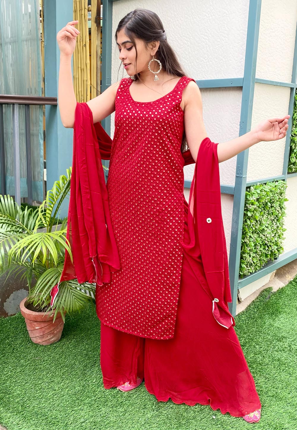 Red Georgette Readymade Kameez With Palazzo 245938