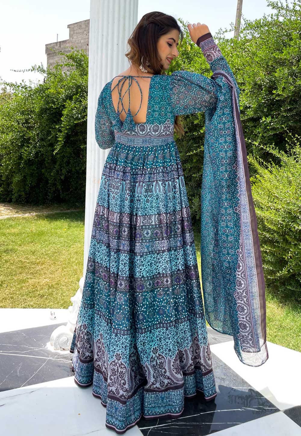 Sky Blue Chanderi Long Anarkali Suit 232242