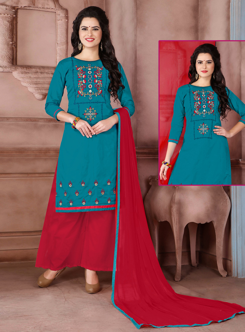 Teal Cambric Cotton Palazzo Style Salwar Suit 116333
