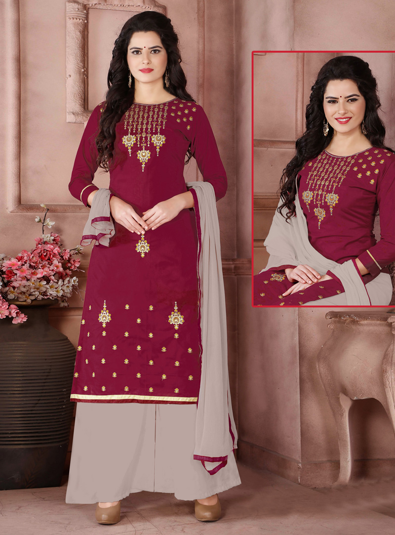 Maroon Cambric Cotton Palazzo Style Suit 116335