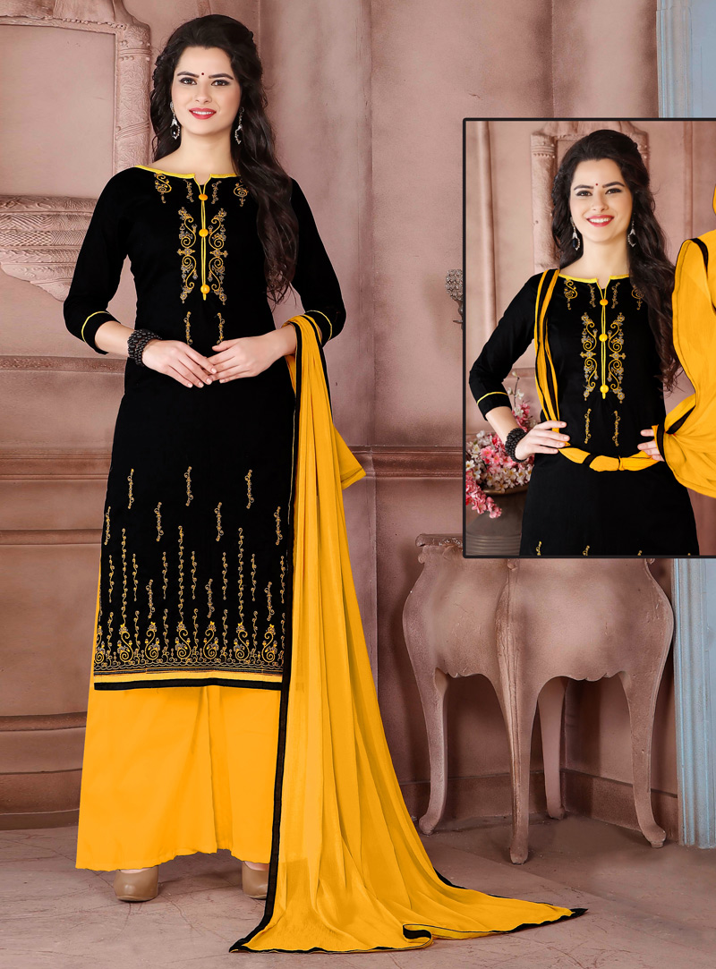 Black Cambric Cotton Pakistani Style Suit 116338