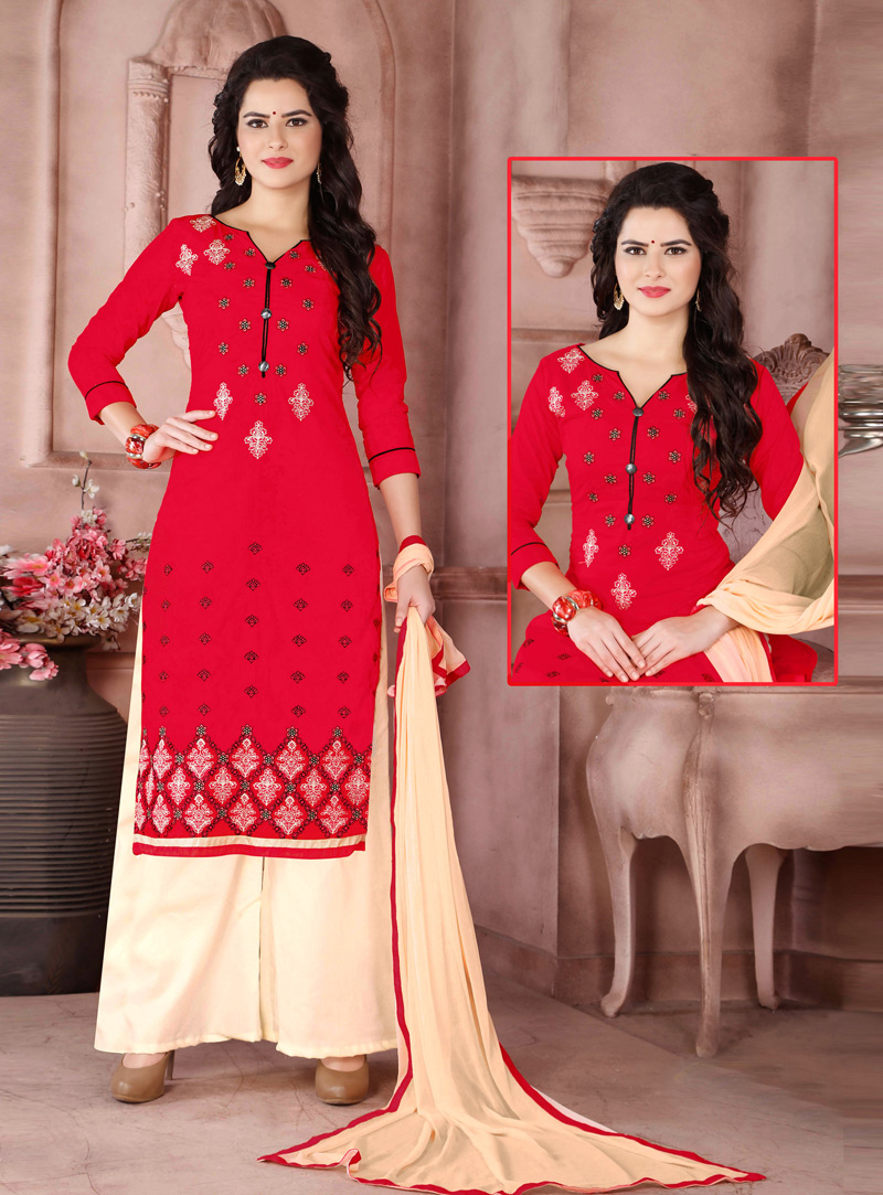 Red Cambric Cotton Palazzo Style Suit 116339