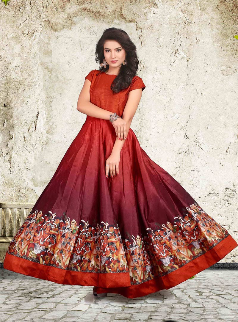 Red Banglori Silk Readymade Gown 90183