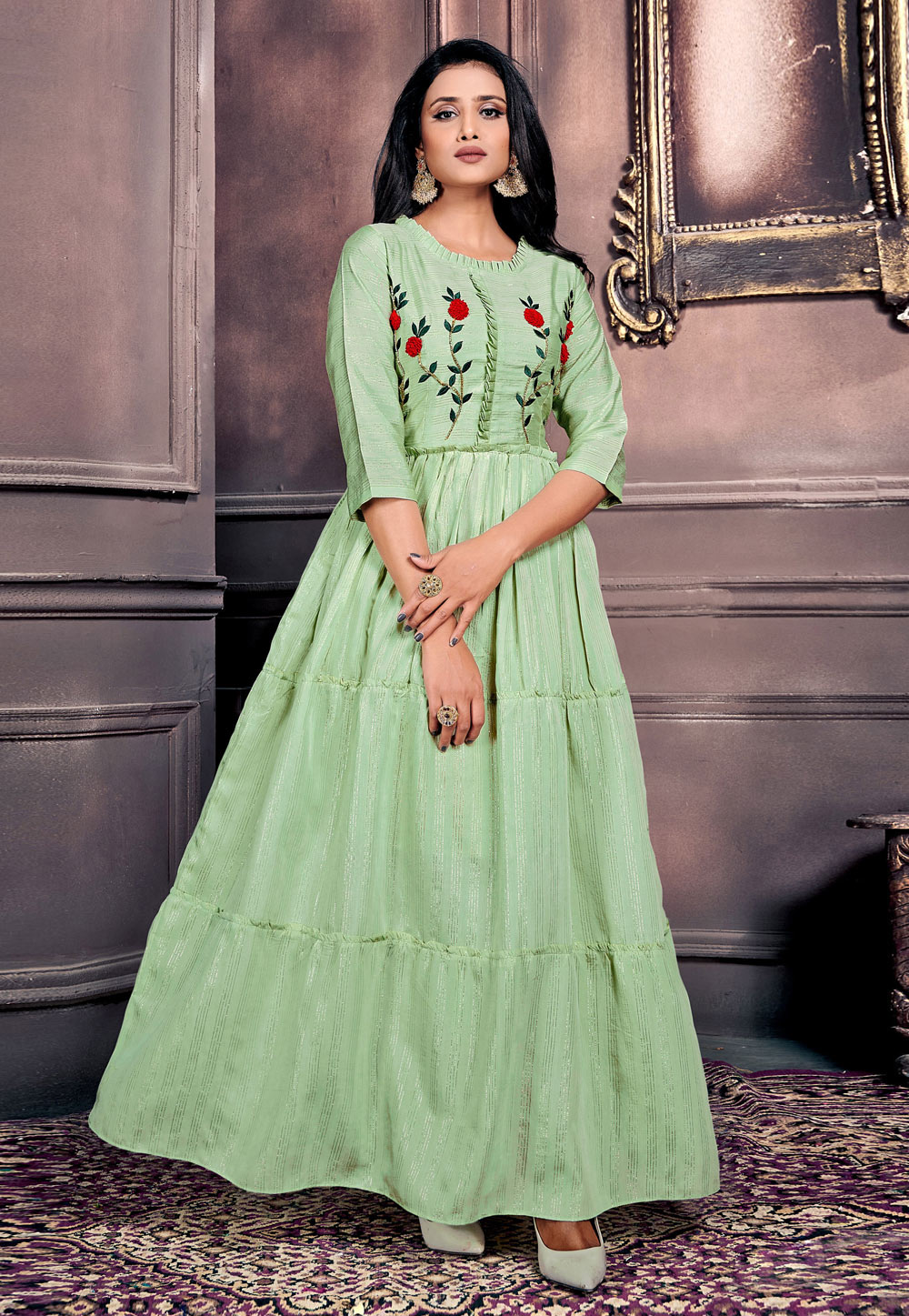 Pista Green Chanderi Party Wear Gown 225930